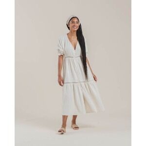 Rylee + Cru Gauze Midi Dress Women L Cream Good Button Front Lace Trim Boho